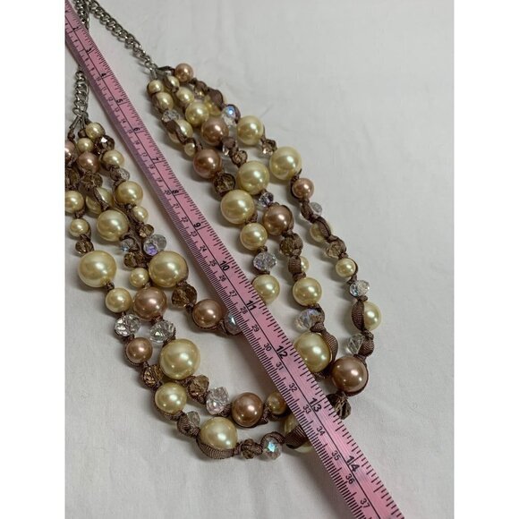 Triple Strand Faux Pearl, Crystal Bead & Ribbon Necklace - Ivory/Pink - Picture 10 of 12